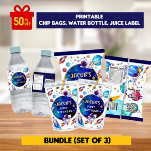 May include: Printable party supplies for a space-themed first birthday party. The set includes two juice pouches, a water bottle label, and a chip bag label. All labels feature a blue and white astronaut design with planets and stars. The text on the labels reads "Jacob's First Birthday".