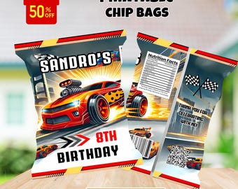 Étiquettes pour sac à croustilles pour voitures de course, gâteries pour voitures de course, cadeaux de fête pour voitures de course, sacs à croustilles, étiquettes imprimables, emballage de sac à croustilles personnalisé
