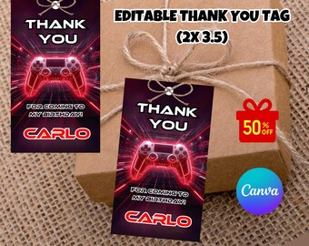Editable Gaming Birthday Tags Video Game Thank You Tag Template Video Game Birthday Favor Tags Gaming Party Tags Game On Neon Gamer