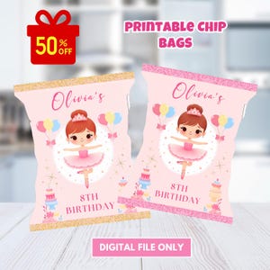 Editable Ballerina chip bag wrapper, pink and gold ballet birthday snacks label, digital party favor, tutu printable label, Crisps Bag
