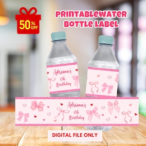 editable Pink Bow Birthday Water Bottle Label, pink coquette Party Favors Bottle Label, Pink Coquette Girl Birthday Decorations, Printable