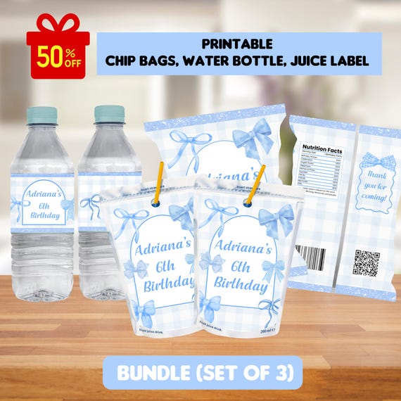 Blue bow Bundle, Blue coquette birthday party kit, chip bag, water bottle, juice pouch, blue ribbon birthday party set, Custom DIY Digital