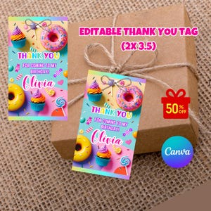 Editable Sweets Candy Thank You Favor Tags Template, Sweet Candy Birthday Decor, Sweet Celebration Birthday Tags, Candy and donut Party Tags