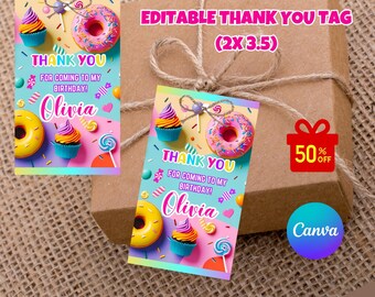 Modèle d'étiquettes modifiables pour bonbons bonbons merci, décoration d'anniversaire bonbon sucré, étiquettes d'anniversaire douce célébration, étiquettes de fête pour bonbons et beignets