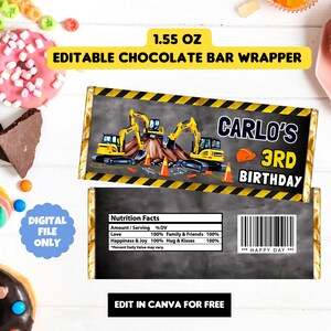 May include: Editable chocolate bar wrapper with a construction theme. It features a yellow excavator, a yellow bulldozer, and a construction worker's hat. The text on the wrapper says "CARLO'S 3RD BIRTHDAY".
