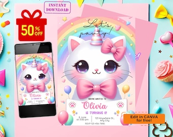 cat birthday invitation, cat invitation, cat party invitation, kitten birthday invitation, pet birthday invitation, kitten invitation