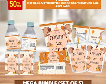 Editable capybara birthday bundle, capybara birthday pack, party bundle, chips and juice bag, water bottle labels, chocolate, thank you tag