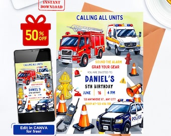 May include: A birthday invitation for a 5th birthday party with a theme of emergency vehicles. The invitation features a red fire truck, a white ambulance, a blue police car, and orange traffic cones. The text on the invitation reads "Calling All Units, Sound the Alarm, Grab Your Gear, You Are Invited to Daniel's 5th Birthday, June 16, 4 PM, 123 Anywhere St., Any City, RSVP At-123 456 789".