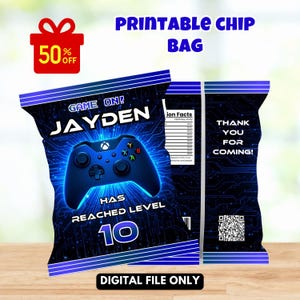 May include: Printable chip bag design with a blue and black theme. Features a blue game controller graphic, the name "JAYDEN", and the text "HAS REACHED LEVEL 10". Includes the text "DIGITAL FILE ONLY".