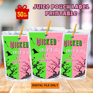 personalized witch and princess theme juice pouch label, green and pink juice pouch label, editable capri sun label template, digital