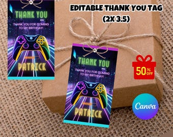 Editable Gaming Birthday Tags Video Game Thank You Tag Template Video Game Birthday Favor Tags Gaming Party Tags Game On Neon Gamer