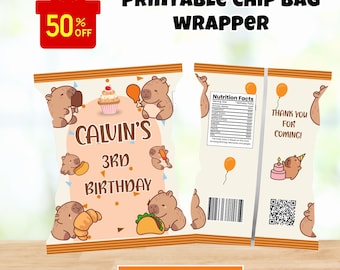 Editable Capybara chip bag wrapper template, printable capybara potato chips wrapper, capybara birthday party favor, Canva Digital download