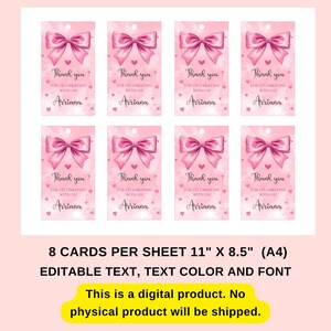 May include: Pink gift tags with watercolor bows, the text "Thank you" and the name "Ariana". The tags are on a pink background with hearts. The sheet contains 8 tags, 11" x 8.5" (A4) with editable text, color, and font.