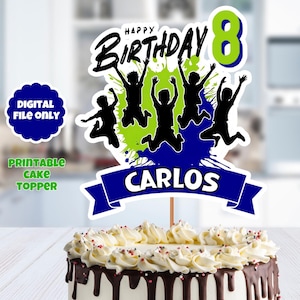 May include: A cake topper with the text "HAPPY BIRTHDAY 8 CARLOS" and silhouettes of children jumping. The topper is blue, green, and black. The cake has white frosting, chocolate drips, and sprinkles. The words "DIGITAL FILE ONLY" and "PRINTABLE CAKE TOPPER" are also visible.