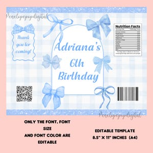 May include: A light blue and white gingham-patterned birthday party invitation template. The invitation features the text "Adriana's 6th Birthday" in a blue font, surrounded by blue bows. The template is 8.5" x 11" and editable.