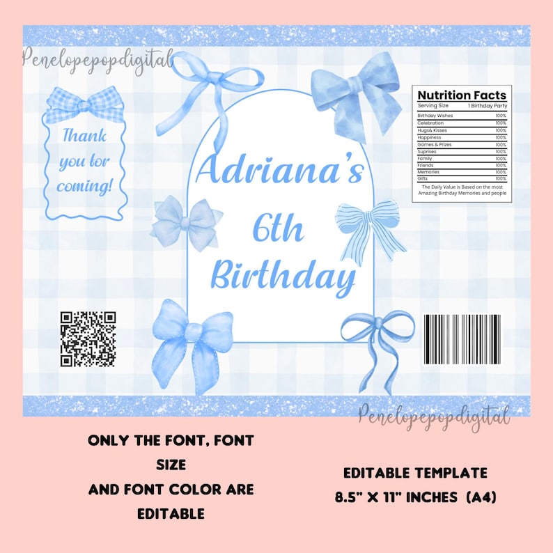 May include: A light blue and white gingham-patterned birthday party invitation template. The invitation features the text "Adriana's 6th Birthday" in a blue font, surrounded by blue bows. The template is 8.5" x 11" and editable.