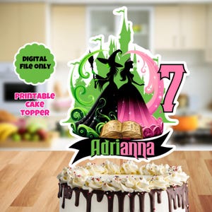 personalized witch and princess cake topper, green witch cake topper, musical cake topper, princess and witch. Digital download