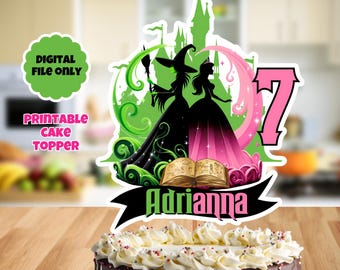 personalized witch and princess cake topper, green witch cake topper, musical cake topper, princess and witch. Digital download