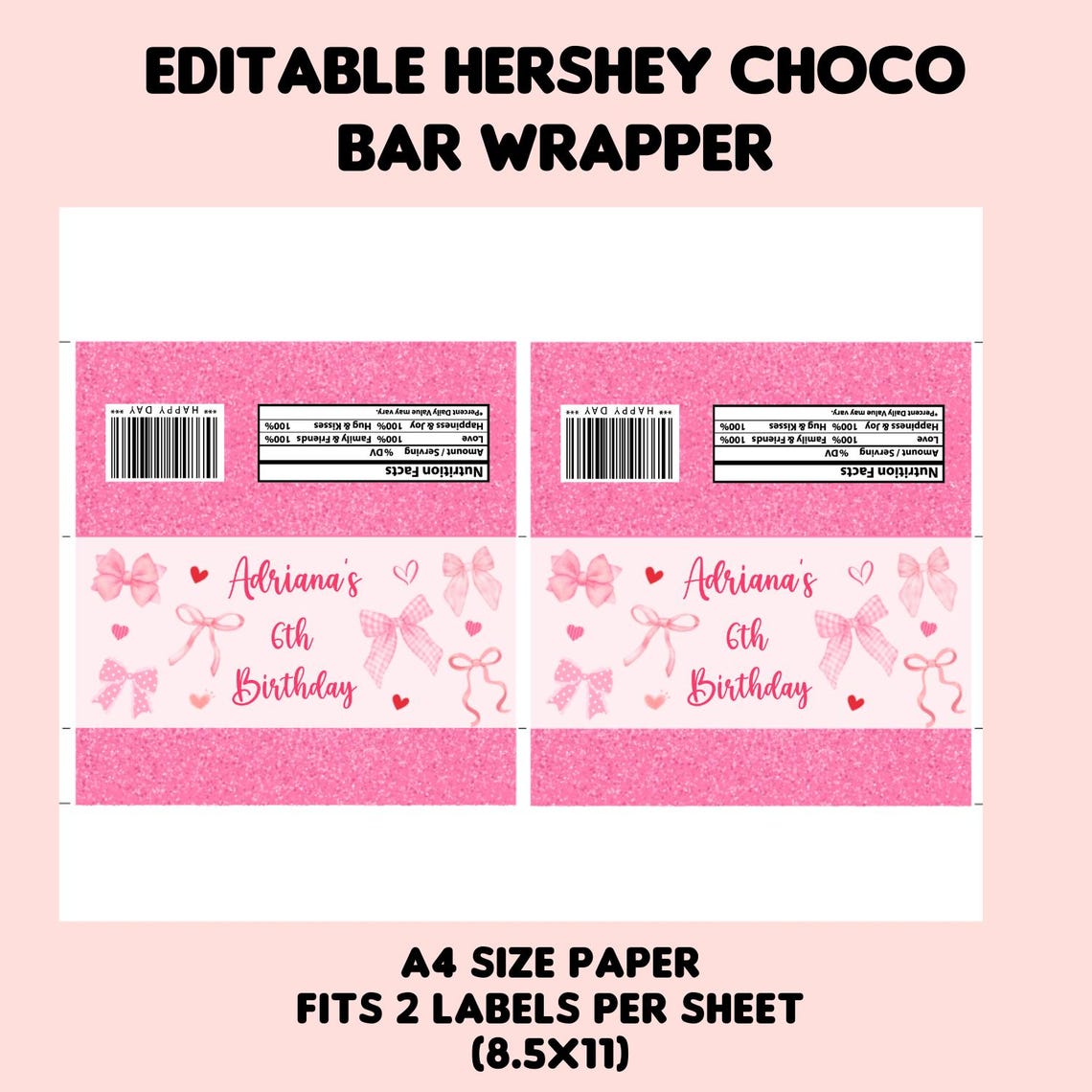 Pink Ribbon Wrapper Coquette Pink Bow Chocolate Wrapper Template, Pink Ribbon Birthday ...