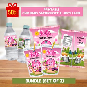 Farm Animals Birthday Party Bundle Kit, Template Printable, Barnyard animals Birthday chip bag, Barn Farm Editable labels, girl birthday