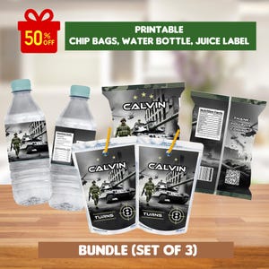 Editable military birthday bundle template, army birthday pack, party bundle, chips and juice bag, water bottle labels, Soldier party bundle