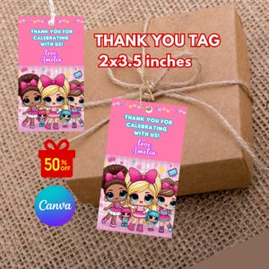 etiquetas de aniversário de boneca editáveis, etiquetas de agradecimento para festa de aniversário de boneca rosa, etiqueta de agradecimento para boneca, convite para aniversário infantil, boneca rosa pequena