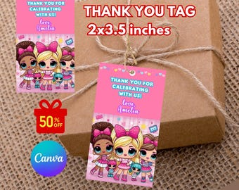 editable Little Doll Birthday tags, Pink Doll Birthday Party thank you tags, doll thank you tag Invitation Kid Birthday, Little Pink Doll