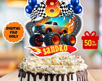 personalized monster truck cake topper, customized cake topper, race car cake topper, car racing cake topper, party favor, digital download
