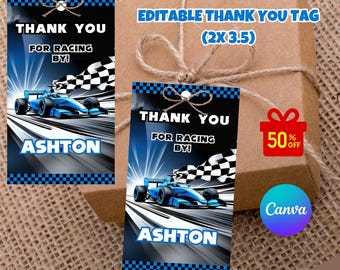 Blue Race Car Thank You Tag, Editable Template, Fast One Blue Racing Car Printable Favors Tag, Two Fast Birthday Gift Tag Decor, Digital