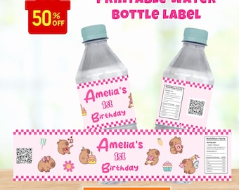 Editable Capybara water bottle label template, printable capybara water label, capybara birthday party favor, Canva Digital download