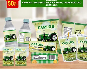 Editable green Tractor Birthday party Bundle, chip bag, water bottle label, juice pouch, chocolate bar, thank you tag, Farm Boy Birthday