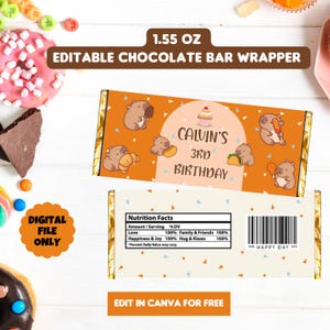 Puede incluir: Un envoltorio de barra de chocolate naranja con animales de dibujos animados y el texto "Calvin's 3rd Birthday". El envoltorio indica "1.55 OZ" (aproximadamente 44 gramos) e incluye una etiqueta de información nutricional y el texto "Edit in Canva for Free".