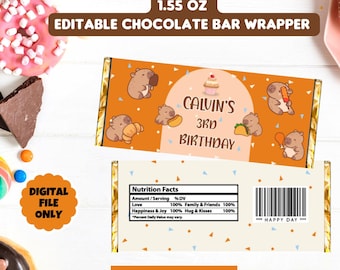 Editable Capybara chocolate wrapper template, printable capybara candy bar wwapper, capybara birthday party favor, Canva Digital download