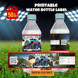 May include: Printable water bottle label featuring a blue monster truck with the text "JEFFREY'S 8TH BIRTHDAY". The label has a jungle background with a QR code.