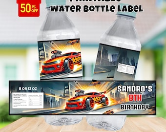 Hot Cars  Party Water Label Template, Editable Race Car Birthday Water Bottle Label, Bottle Label Printable Download