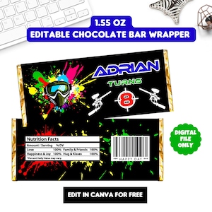 Editable Paintball Party  Chocolate Wrappers ,Paintball Birthday, INSTANT DOWNLOAD - Edit and print at home, paintball chocolate wrapper