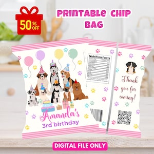May include: A printable chip bag design with a pink and white color scheme. The bag features illustrations of dogs wearing party hats and holding balloons. Text includes "Amanda's 3rd birthday" and "Thank you for coming!"