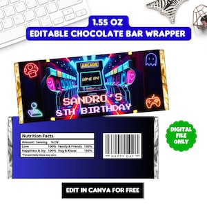 editable arcade birthday chocolate wrapper, gamer candy bar wrapper, personalized video game chocolate label, digital download