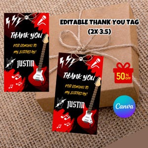 Editable pink Rock and Roll Favor Thank you tag | Digital thank you tag | Rock 'n Roll Birthday Party | Guitar | Birthday boy rock and roll