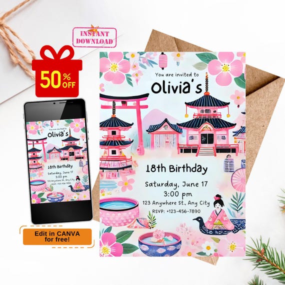 Japanese Themed Birthday Invitation, Editable Hibachi Party Invite