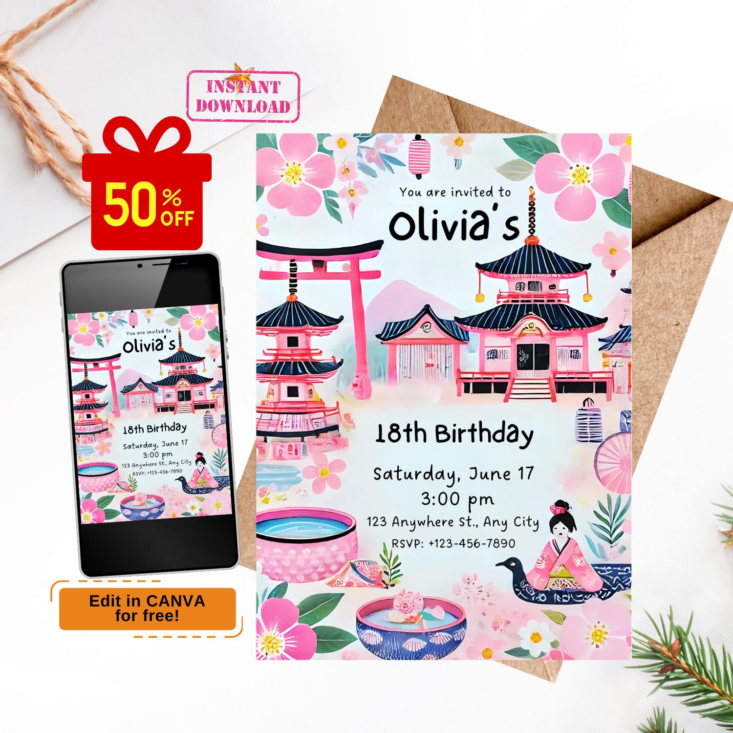 Japanese Themed Birthday Invitation, Editable Hibachi Party Invite