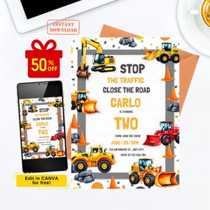 Construction Birthday Invitation, editable Dump Trucks Party Invite Template, Boy Outdoor Birthday, Excavator, Instant Download