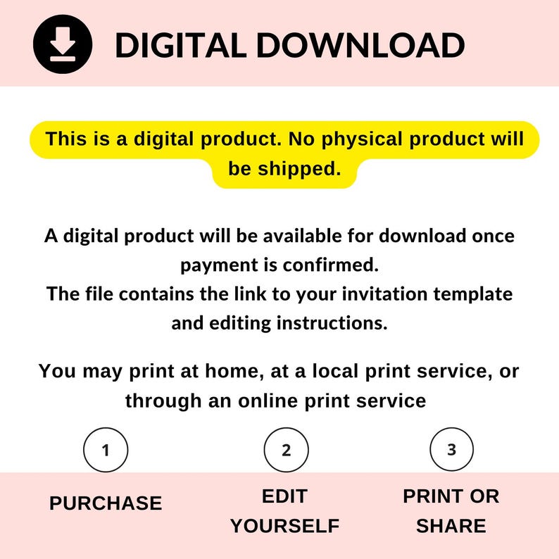 May include: A digital download graphic with the text "DIGITAL DOWNLOAD" at the top. The image explains the process: purchase, edit yourself, and print or share. It also states that it is a digital product.