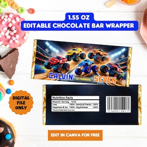 Monster Truck Birthday Chocolate Bar Wrapper - Monster Truck Candy bar wrapper Party Favor Canva Template - Digital Download