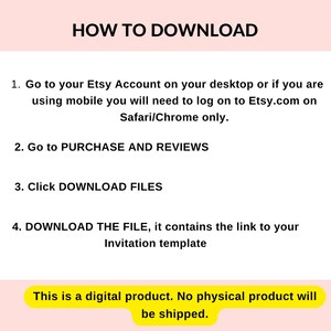 May include: A white and pink graphic with the text "HOW TO DOWNLOAD" and numbered steps for downloading a digital product from Etsy. The text states that no physical product will be shipped.