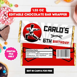 May include: Editable chocolate bar wrapper template featuring a cartoon karate kid in a red and white uniform. The wrapper is decorated with a red and white background, black text, and a barcode. The text on the wrapper reads "Carlo's 6th Birthday".
