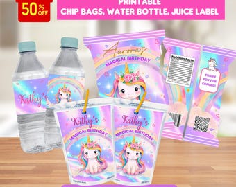 May include: A bundle of printable party supplies featuring a unicorn theme. Includes water bottle labels, chip bags, and juice labels. The design incorporates a unicorn, rainbow, and the text "Kathy's Magical Birthday". The image also shows a 50% off promotion.