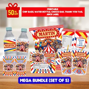 May include: A collection of printable party supplies with a circus theme. Includes water bottle labels, chip bags, juice labels, and thank you tags. The designs feature a red and white circus tent, balloons, and the name "Martin".