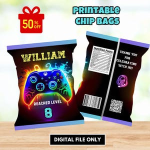 May include: Printable chip bag template featuring a neon green, blue, and purple video game controller with the text "William Reached Level 8".