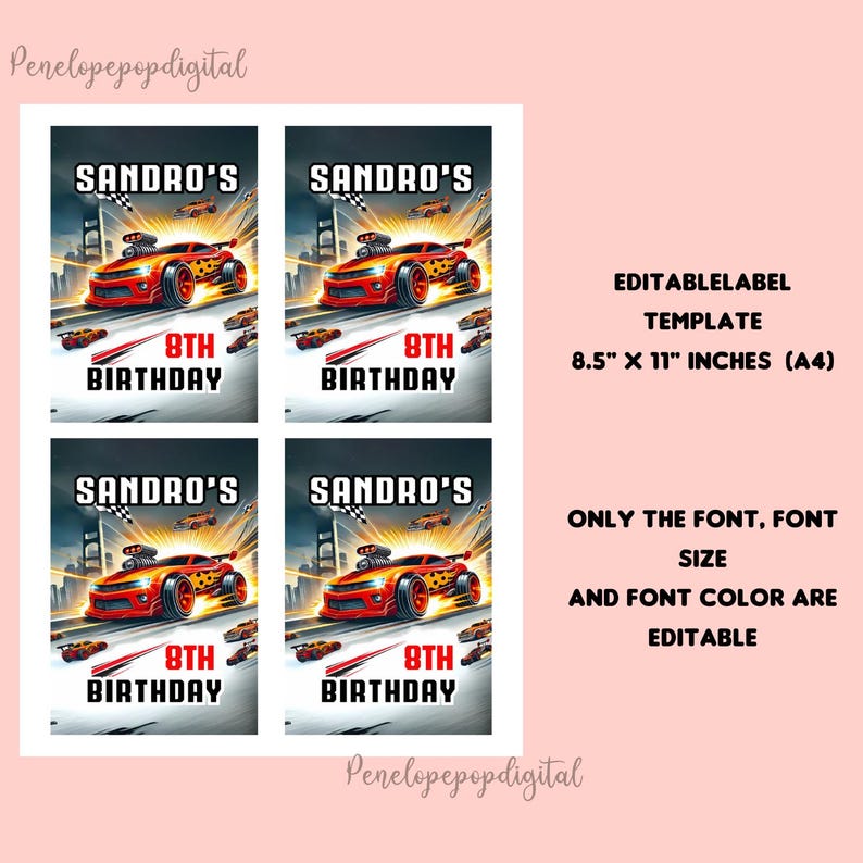 Hot Cars Party Juice Pouch Label Template, Editable Race Car Birthday ...